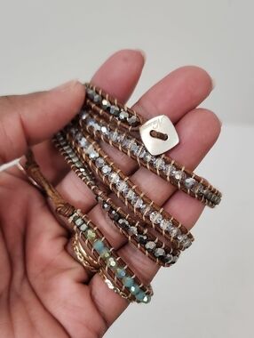 Nakamol Brown Leather Beaded Wrap Bracelet Aqua Crystal OS